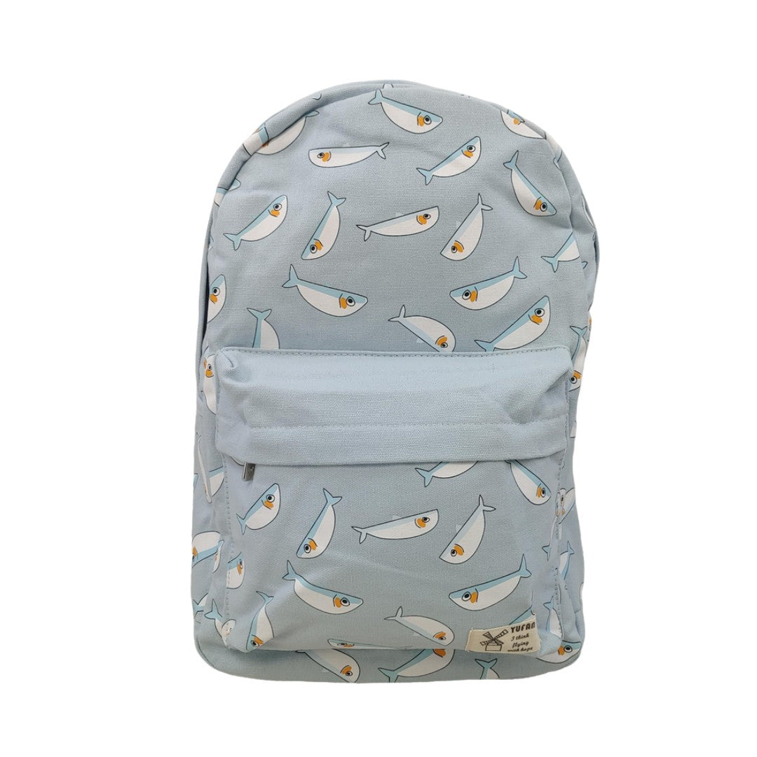 Blue and black kawaii fish print canvas backpacks, lightweight school and travel bags, size 15.7x11x5 inches